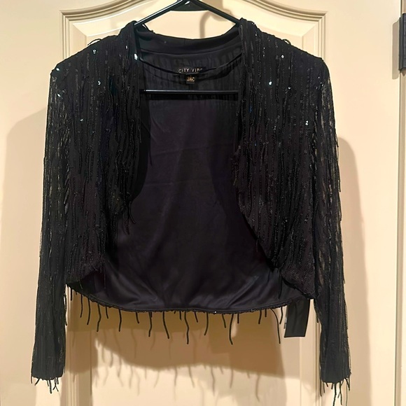 STUNNING Black Bolero Jacket (sequins & fringe) Long See-thru Sleeve LARGE - Picture 7 of 12